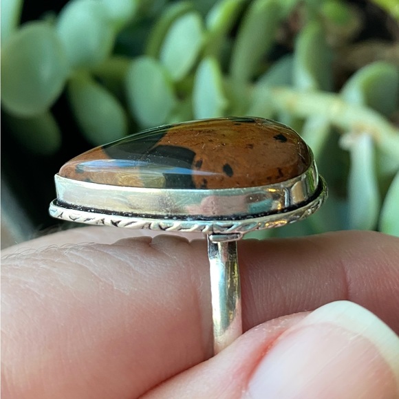 Mahogany Obsidian Gemstone Ring, Stamped .925 Sterling Silver over Brass. - Picture 5 of 9